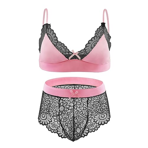 UIWFJEH Ropa Interior para Hombres Que Mejora el Bulto Conjunto De Boxeador Seductor De Bragas con Sujetador De Encaje Erótico Gay Sexy para Hombres,rosa1,3XL