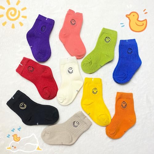 Toddler Boys Girls Crew Socks, Smiley Face Unisex Kids Soft Cotton Solid Color Ankle Socks, Pack of 53