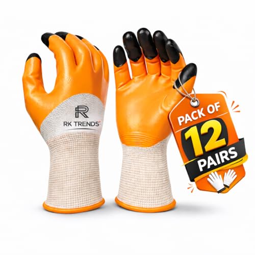 Image of Safety Gloves - Nylon Nitrile Coated Industrial & Home Cut Resistant Hand Gloves. (Pack of 12 Pairs, Orange (Double Coated))