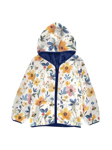 Watercolor Flower Bee Girls Fleece Jacket Girls Fall Jacket Boys Coats Zip Up Hoodie Children Sherpa Warm Outerwear 2-10T