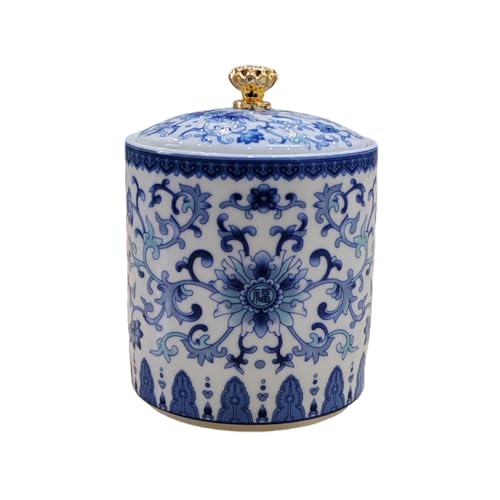 wsmart Small Vintage Blue and White Porcelain Salt Cellar with Lid Ceramic Salt Holder Container for Countertop, Airtight Spice Jar, Kitchen Storage Dish