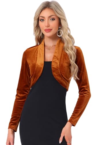 Image of Allegra K Women's Long Sleeve Velvet Shrug Cocktail Party Open Front Cropped Bolero Cardigan Top