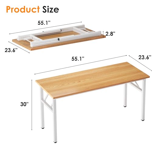 Image of Need Folding Computer Desk, 55 inches Large Home Office Desk, Student Study Desk Writing Desk Workstation, No Assembly Needed, Teak and White