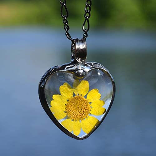 Large Sunflower Jewelry For Women, Real Dry Pressed Flowers, Terrarium Pendant, Handmade Glass Heart Necklace Gift #TOP4