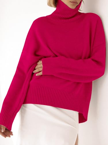 Image of YKR Women's Turtleneck Sweater Chunky Long Sleeve Knitted Pullover High Low Hem Trendy 2025 Fall Winter Basic Jumper Top