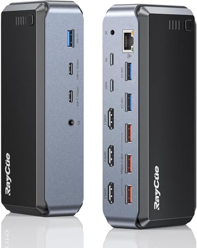 Estación de acoplamiento USB C ideal para organizar tu escritorio de teletrabajo con tres monitores