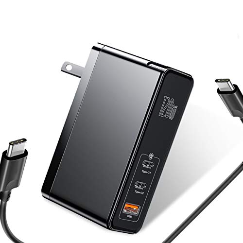 USB C Wall Charger, Baseus 120W Quick Charger 3 Port Charger [GaN Tech], USB-C QC PD 3.0 Power Adapter with 100W C to C Cable for iPhone 12 Pro, iPad Pro, MacBook Pro, Surface, USBC Laptop, Samsung