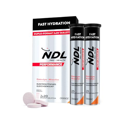 NDL Pro-Health Fast Hydration – Brausetabletten mit schneller Hydratation, Elektrolyten und Mineralsalzen für den Sport, reduziert Müdigkeit, Orangengeschmack, Packung à 2, 40 Tabletten