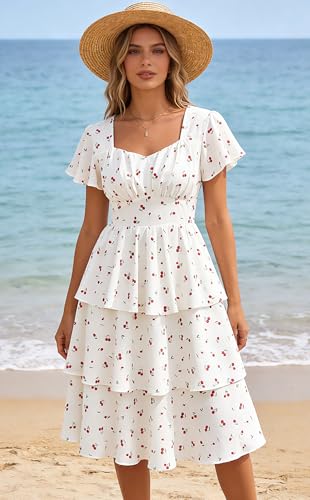 Image of Belle Poque Women's Vintage Square Neck Dress 2026 Summer Short Sleeve Layered Tiered Ruffle A-line Swing Midi Dress