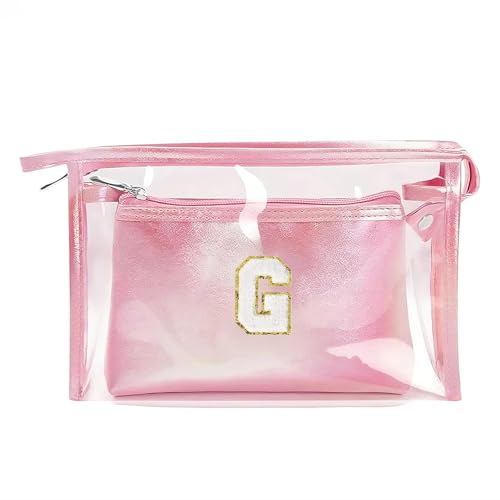 2 bolsas de aseo transparentes, neceser de maquillaje para mujer, bolsa de maquillaje personalizada, regalo de cumpleaños para hermanas, novias, mujeres, niñas, adolescentes, familia, iniciales rosas