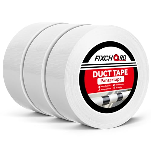 FIXCHORD 3 Rollen Panzertape, 50m x 50mm Wasserdicht Gewebeklebeband, Panzerband Extra Stark, Gewebeband zum zum Reparieren, Verstärken, Bündeln, Abdichten, Innenbereich/Außenbereich, Weiß