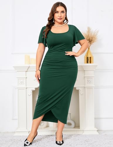 Image of ZOMVA 2024 Plus Size Cocktail Dress Comfortable Bell Sleeves Wedding Guest Square Neck Semi Formal