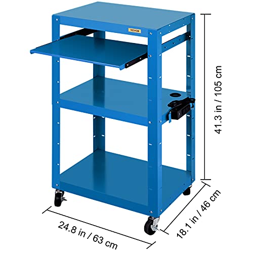 Vevor Steel Av Cart, 27-41" Height Adjustable Media Cart With 19" X 14" Retracting Keyboard Tray, 24" X 18" Presentation Cart With 3 Shelves, 150 Lbs Weight Capacity Suitable, Blue #TOP7