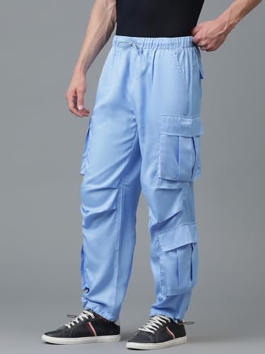 Image of KOTTY Men's Solid Mid Rise Utility Pocket Button Willow Blue Regular Cargo