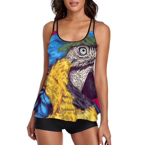 Tankini femme masquant le ventre avec shorty et robe de plage imprimé oiseaux