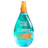 Con agua de aloe vera Garnier Ambre Solaire UV Water Aloe Vera Clear Sun Cream Spray SPF30, intensamente hidratante, invisible de alta protección solar SPF30, 150 ml