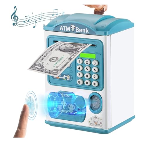 Image of Electric ATM Piggy Bank for Kids with Password Protection and Finger Sensor, Auto Roll Money Notes - Blue, Modern