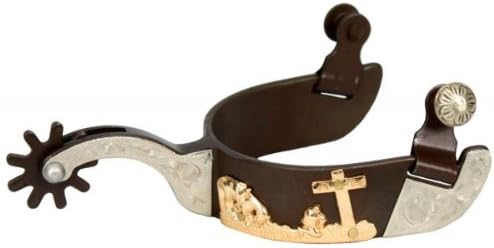 Men's Size 9 Point Antique Brown Steel Silver Show Spurs with Gold Praying Cowboy and Horse Design