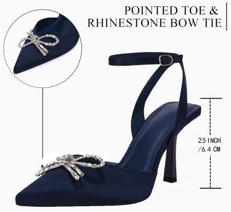 Coutgo Womens Rhinestone Bow Heels Pumps Kitten Heel Pointed Toe Slingback Wedding Dress Shoes Navy | Image 1