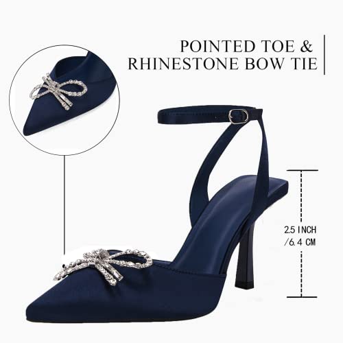 Coutgo Womens Rhinestone Bow Heels Pumps Kitten Heel Pointed Toe Slingback Wedding Dress Shoes Navy #TOP1