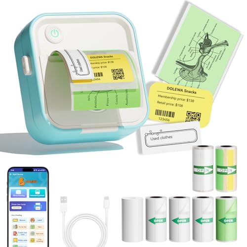 DOLEWA Mini Drucker, Tragbarer Thermodrucker mit 7 Rollen Aufklebern, Aufkleberbreite Einstellbar 12–57 mm, Compatible with Smartphone und Tablet, für Lernen, Bilder,Quittungen,to-Do-Listen (Blau)
