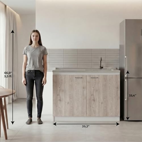 Image of Tuhome Napoles Utility Sink Base Cabinet with Integrated Stainless Steel Countertop, Freestanding Cabinet with Double Doors, Interior Shelf for Laundry Room, Utility Room, Mudroom or Kitchen