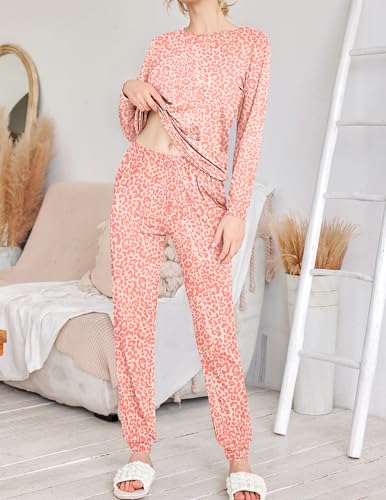 Image of Ekouaer 2 Pack Pajama Sets for Women,Long Sleeve Top With Jogger Pants Lounge Set Sleepwear with Pockets