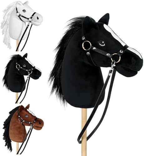 Bludrfnly Hobby Horse - Steckenpferd mit Halfter und Trense (Schwarz) | Große Hobby Horse Pferde für Kinder mit 40 cm Schraubstange, Stockpferd für Hobby Horsing, für Rollenspiele