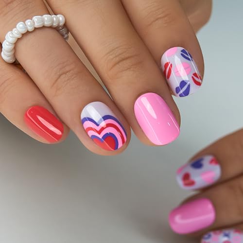Image of Curvlife Press On Nails Extra Short Square Pink - Valentine Hearts Press on Nails with Glue, Love Kisses Red Pink Glossy Cute Fake Nails Long Lasting False Nail Tips for Women Girls Teens