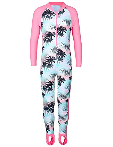 TFJH E Swimsuit for Girls Long Sleeve Bathing Suit UPF 50+ Rashguard Suit Footed Zipper Green Pink 152/158
