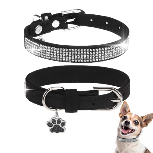 BINGPET Leather Dog Collars for Small Dogs, Black Rhinestone Dog Collar for Girl Goy Dogs, Bling Diamond Puppy Necklace Collars for Female Male Doggie, Adjustable Pet Jewelry for Chihuahua, XS 8-10