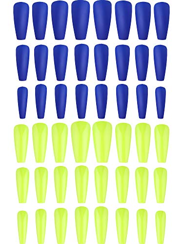 48 Pieces Extra Long Coffin Press on Nails Long Ballerina False Nail Full Cover False Nails for Women and Girls 12 Sizes, Dark Blue and Yellow