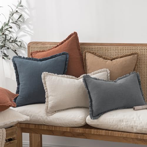 Image of MIULEE Decorative Throw Pillow Covers Neutral Linen Fringe Throw Pillows Set of 2 Grey Boho Farmhouse Cushion Covers with Tassels for Couch Sofa Bed Living Room Spring Decor 18x18 Inch