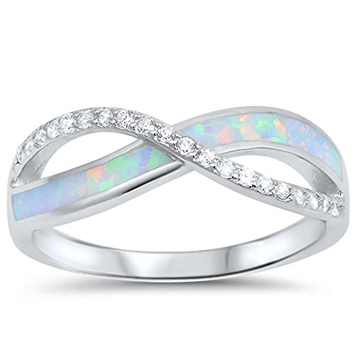 Oxford Diamond Co Sterling Silver Lab Created White Opal Infinity & Cz Twisted Band Ring Size 7