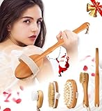 Zeutch Premium Dry Brushing Body Brush Set for Lymphatic Drainage and Cellulite Treatment, Boar Bristle Long Handle Face Cleansing Brush for A Glowing Skin, 5 Pack