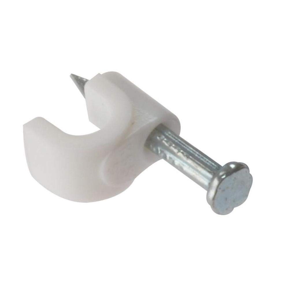 ForgeFix Cable Clips - Round | 6-7mm | White Plastic Clip, Zinc Plated Nail | Box 100