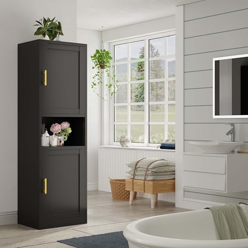 Image of pozdeg 67 inch Tall Narrow Storage Cabinet Metal Bathroom Cabinet with 4 Adjustable Shelves, Freestanding Pantry Cupboard for Kitchen, Dining Room, Living Room Bathroom and Home Office (Black)