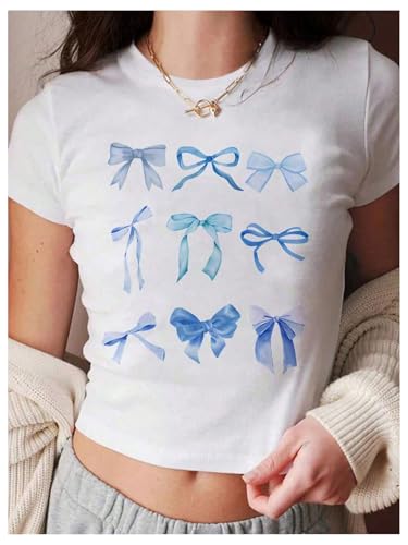Girl's Bow Graphic Tees Crew Neck Short Sleeve Summer T Shirts Preppy Cute Clothes for Girls4