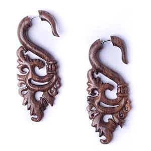 81stgeneration Hand Carved Wooden Long Fake Stretcher Earrings With Ornate Leaf Vine – Tribal Faux Gauge Ear Tapers for Women – Natural Wood Jewellery for Festival – Spiral Scroll Cheater Earrings