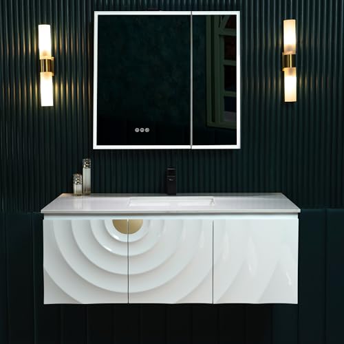 Woodbridge 48"x22" Wall Mounted Vanity with Double Ceramic Undermount Sinks,White Engineered Stone Top,Floating Design with 3D Wave Pattern Doors and Glossy White Finish — Modern, Space-Saving Design by WOODBRIDGE - Image 5