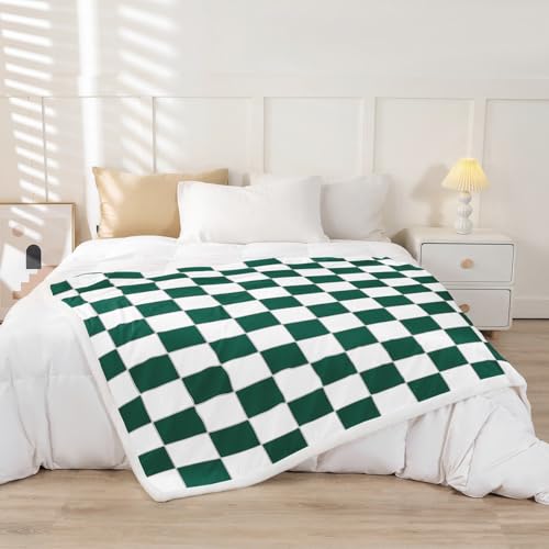 Image of Erosebridal Aesthetic Checkered Sherpa Blanket Twin 60 inchX80 inch White Green Checkerboard Fleece Bed Blanket,Buffalo Plaid Grid Throw Blanket for Kids Teen Adults Geometric Gingham Fuzzy Blanket
