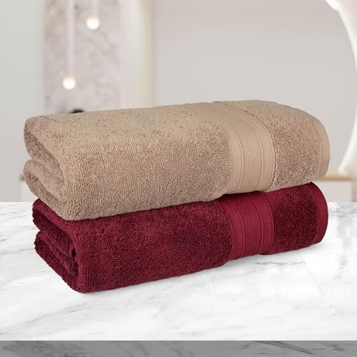 Image of MYTRIDENT Soft Comfort Air Rich 100% Cotton Towels for Bath, 500 GSM Large Size Bathroom Towels for Men /Women, 2PC Bath (69 cm x 137 cm), Acorn and Wine Red