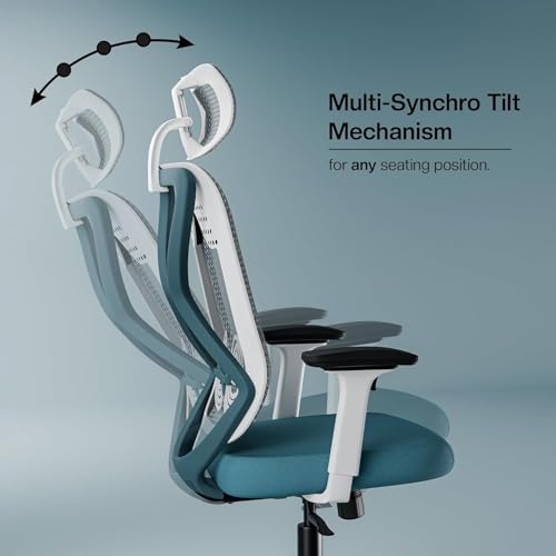 Image of SpineX Pro CP101 Ergonomic High Back Mesh Office Chair with 3 Years Warranty | Lumbar Support, Adjustable 2D Armrests, Synchro Mechanism, Chrome Base | (White Blue)