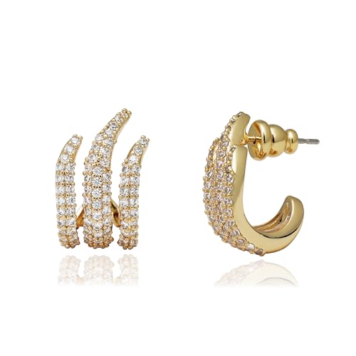 Image of Obidos 14K Gold Plated Illusion Stud Earrings for Women | Triple Huggie Hoop Earrings for One Hole| Trendy Simple Hypoallergenic Fashion Accessories Gold Jewelry Gifts for Womens