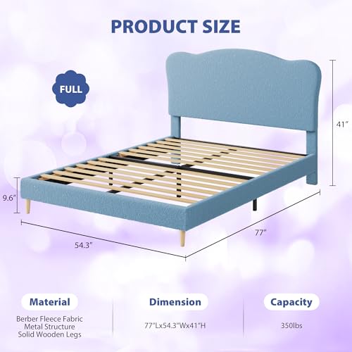 Image of GarveeHome Upholstered Full Size Bed Frame for Kids with Scallop Headboard, Cute Velvet Full Bed for Girls, Boys, Sturdy Platform Bed, No Box Spring Needed, Wooden Slats, Noise Free, Blue