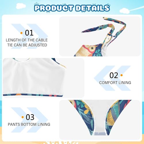 Cute Colorful Owls and Trees Girls' Two Piecing Kids Bikini Set Scoop Neck Swimsuits Swimwear Adjustable Strap4