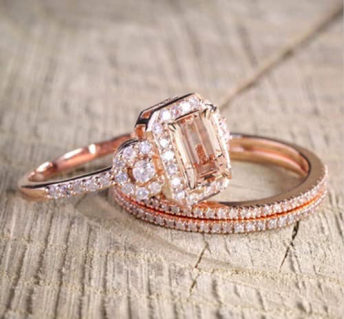 LRGKMCWTOB Fashion Elegant Women Gorgeous 18K Rose Gold Filled Morganite Ring Engagement Bridal Women Jewelry Set Size 6-10 (US 8)4