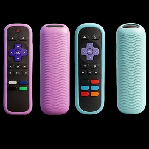 [2 Pack] Remote Cover Case (Glow in The Dark) Compatible with Roku TV Remote/Roku Express/Streaming Stick/Premiere, Universal Silicone Case for Roku Voice Remote with Lanyard (Blue and Purple)