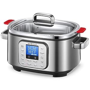 Slow Cooker 6 Quart, 10 in 1 Programmable Cooker, Rice Cooker, Sauté, Steamer & More, Stainless Steel Inner Pot, Steaming Rack & Glass Lid, Delay Start, Adjustable Temp & Time with LED Display