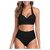Youmymine Women's Swimsuit Push-up Retro Halter Swimsuits Two Piece High Waist Print Beachwear Bikini Set (S, Black-A)